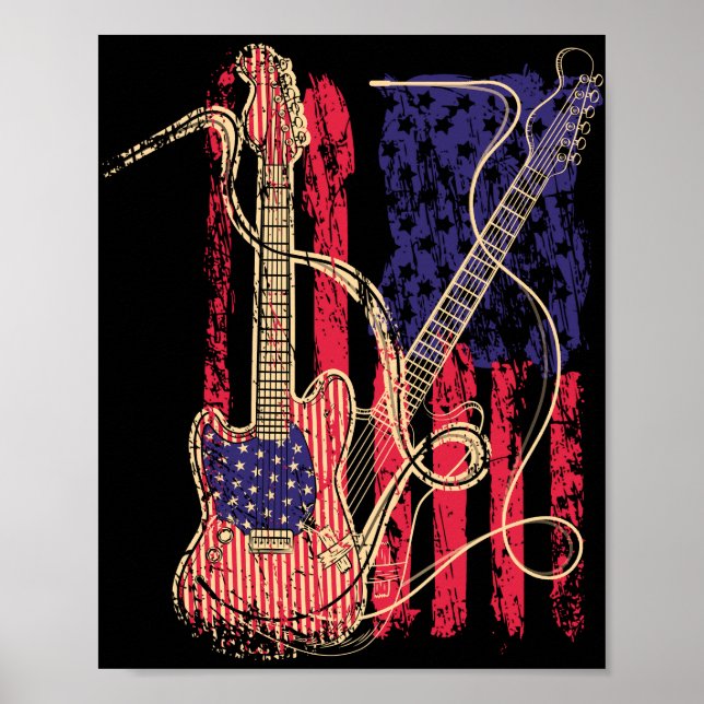 Vintage Guitar American US Flag Poster (Front)