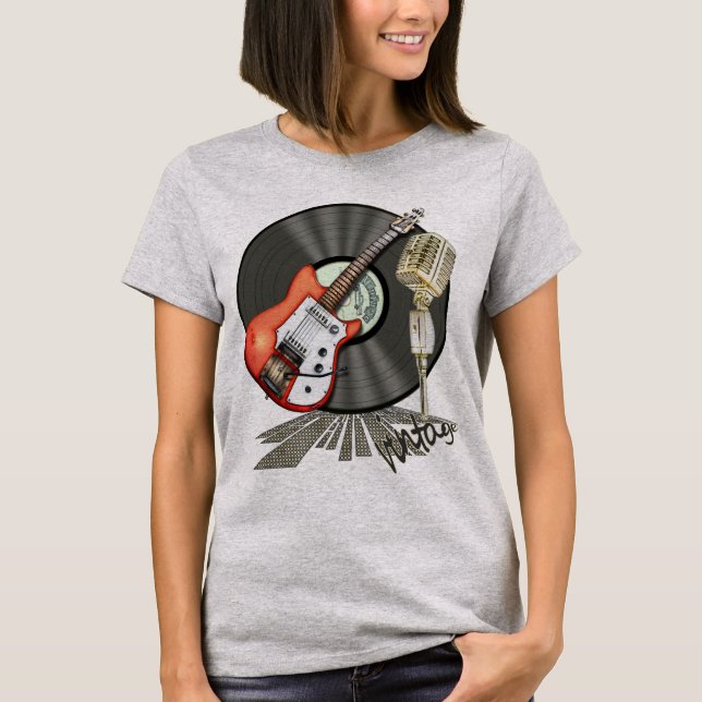 Vintage Guitar and Microphone Design T-Shirt (Front)