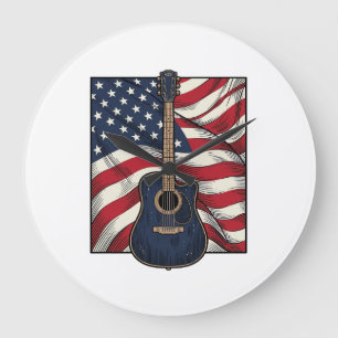 Vintage Guitar Patriotic Flag Vector Shirt Design_ Large Clock