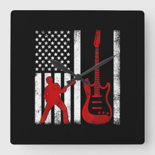 Vintage Guitarist American USA Flag Guitar Square Wall Clock