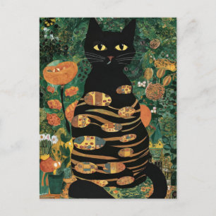 Vintage Gustav Klimt Black Cat In a Flower Garden Postcard