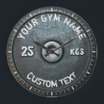Vintage Gym Owner or User Fitness Funny Large Clock<br><div class="desc">Vintage Gym Owner or User Fitness Funny dark grey rusty round weightplate image with custom curved gym name text - perfect gift for those love workout,  fitness and bodybuilding,  or just like to spend time in gymnasium</div>