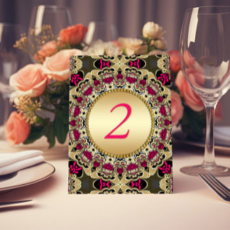 Vintage Gypsy Bohemian Hot Pink Gold Ornate Lace Table Number