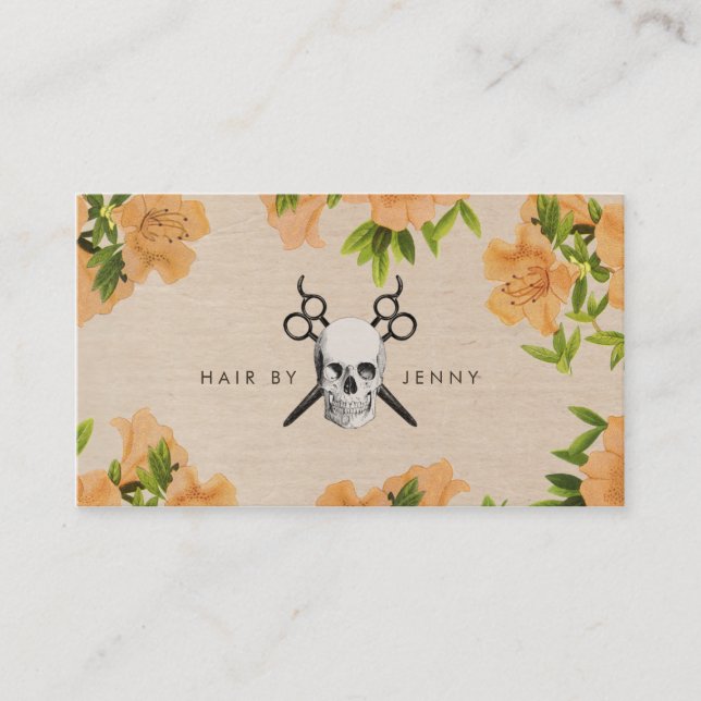 vintage hair stylist yellow floral shears skull business card (Front)