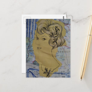 Vintage Hairstyles Woman and a Map Mixed Media Postcard