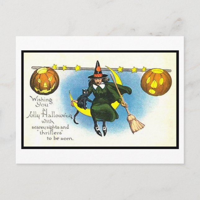 Vintage Halloween Art Postcard | Witch Pumpkins (Front)