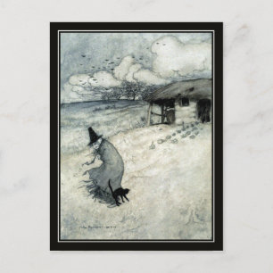Vintage Halloween Arthur Rackham Witch + Black Cat Postcard
