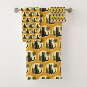 Vintage Halloween Bathroom Decor  Black Cat Spider Bath Towel Set