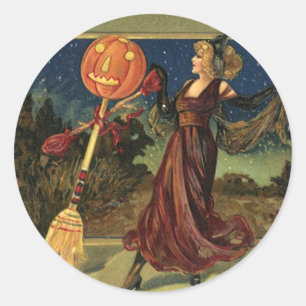Vintage Halloween, Beautiful Dancing Witch Classic Round Sticker