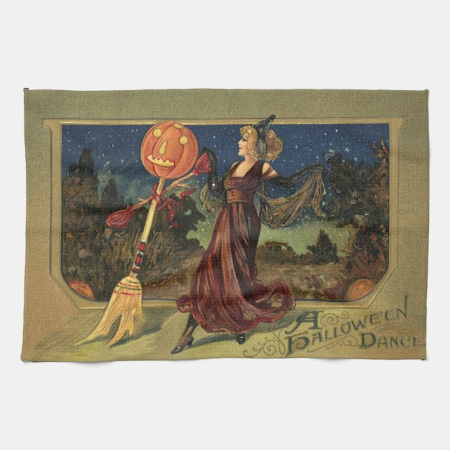 Vintage Halloween, Beautiful Dancing Witch Tea Towel (Horizontal)