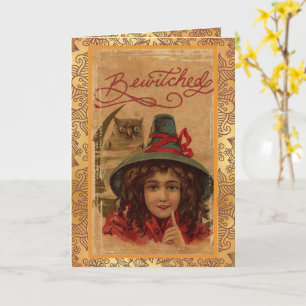 Vintage Halloween Bewitched Witch and Owl Card