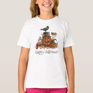 Vintage Halloween Black Bird & Pumpkins Crew Shirt