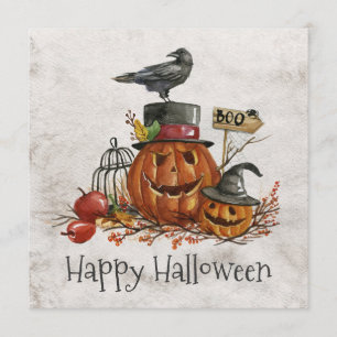 Vintage Halloween Black Bird & Pumpkins Invitation