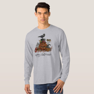Vintage Halloween Black Bird Pumpkins Sleeve Shirt