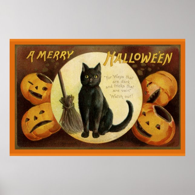 Vintage Halloween Black Cat and Carved Pumpkins  Poster (Front)