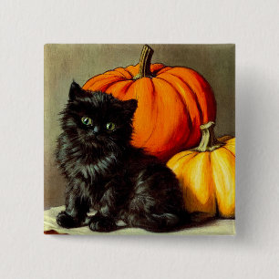Vintage Halloween Black Cat and Pumpkins 15 Cm Square Badge