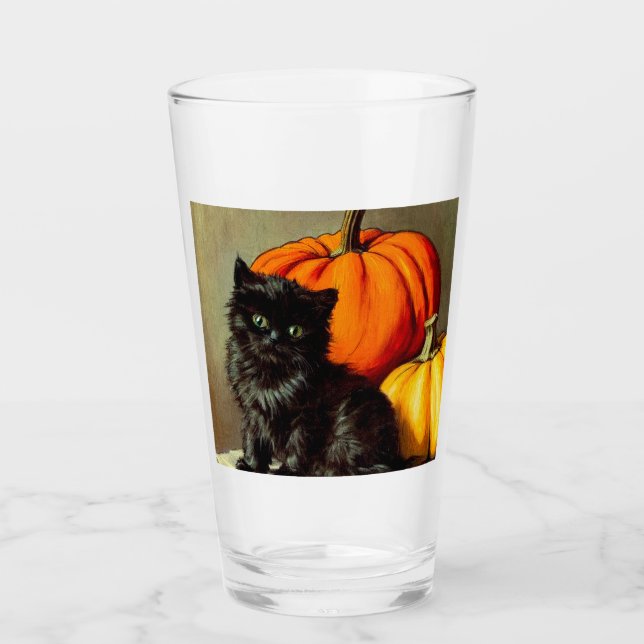 Vintage Halloween Black Cat and Pumpkins Glass (Front)