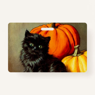 Vintage Halloween Black Cat and Pumpkins ID Badge