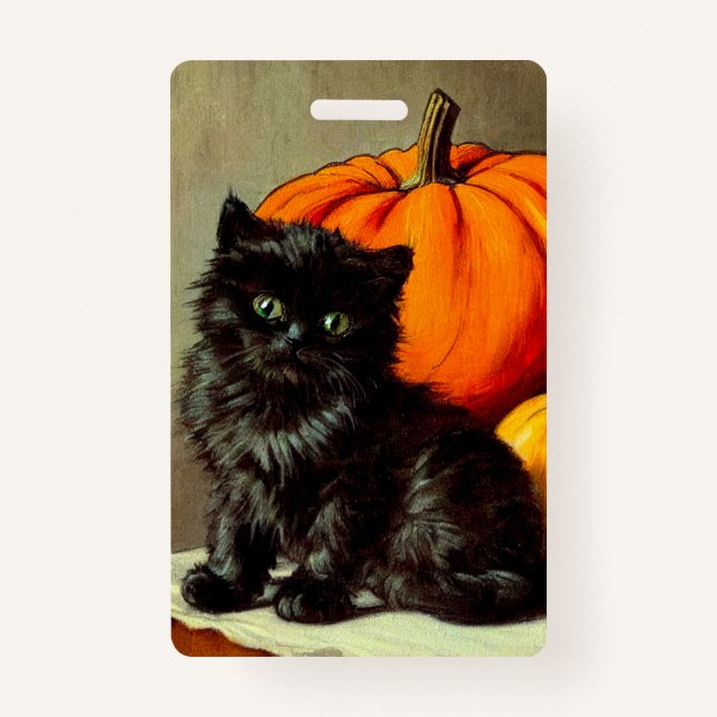 Vintage Halloween Black Cat and Pumpkins ID Badge (Front)