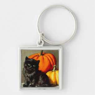 Vintage Halloween Black Cat and Pumpkins Key Ring