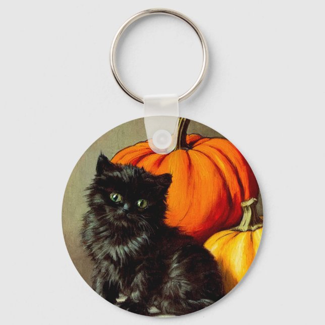 Vintage Halloween Black Cat and Pumpkins Key Ring (Front)