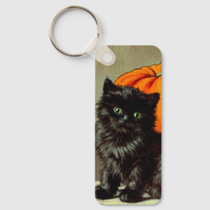 Vintage Halloween Black Cat and Pumpkins Key Ring