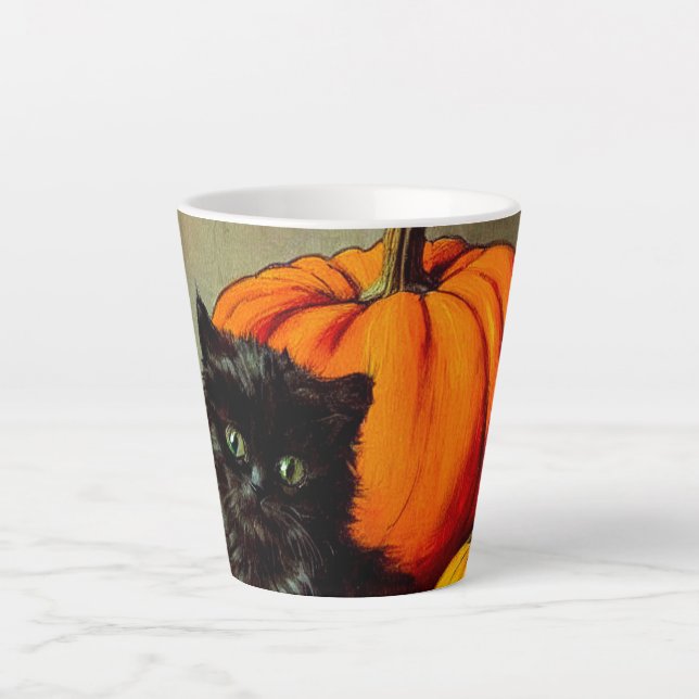 Vintage Halloween Black Cat and Pumpkins Latte Mug (Front)
