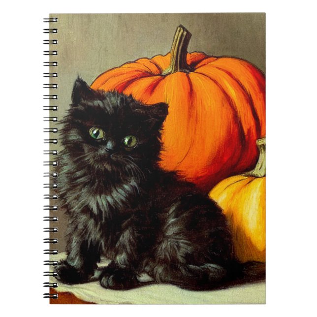 Vintage Halloween Black Cat and Pumpkins Notebook (Front)