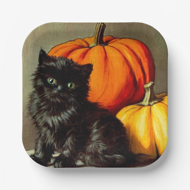 Vintage Halloween Black Cat and Pumpkins Paper Plate (Front)