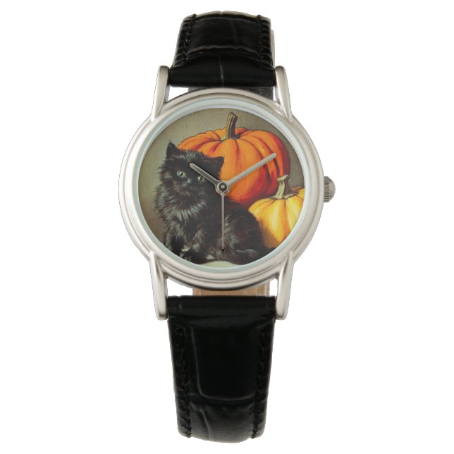 Vintage Halloween Black Cat and Pumpkins Watch (Front)