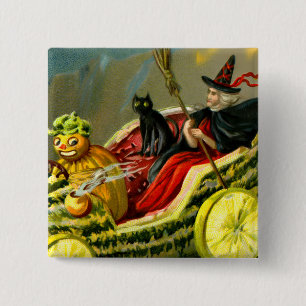 Vintage Halloween Black Cat and Witch 15 Cm Square Badge
