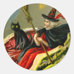 Vintage Halloween Black Cat and Witch Classic Round Sticker