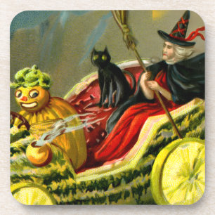Vintage Halloween Black Cat and Witch Coaster