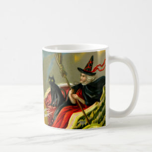 Vintage Halloween Black Cat and Witch Coffee Mug