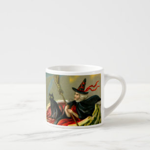 Vintage Halloween Black Cat and Witch Espresso Cup