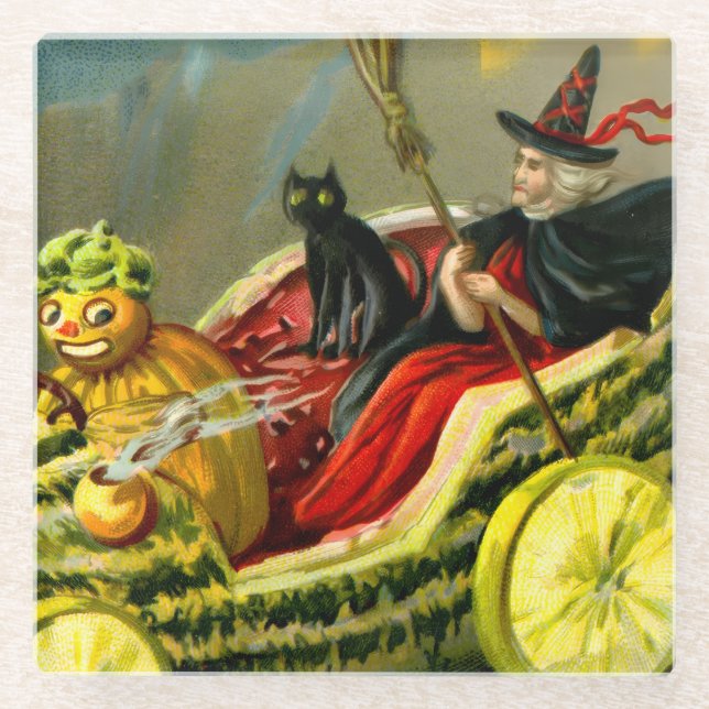 Vintage Halloween Black Cat and Witch Glass Coaster (Front)