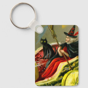 Vintage Halloween Black Cat and Witch Key Ring