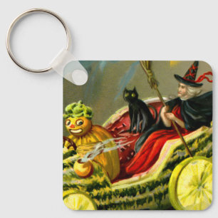 Vintage Halloween Black Cat and Witch Key Ring