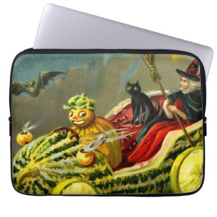 Vintage Halloween Black Cat and Witch Laptop Sleeve