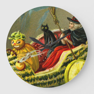 Vintage Halloween Black Cat and Witch Large Clock