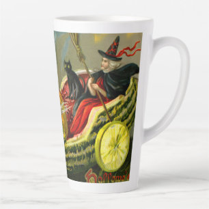 Vintage Halloween Black Cat and Witch Latte Mug