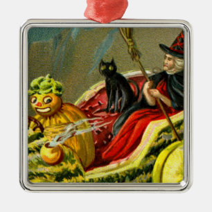 Vintage Halloween Black Cat and Witch Metal Tree Decoration