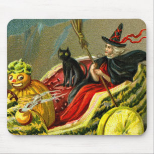Vintage Halloween Black Cat and Witch Mouse Mat