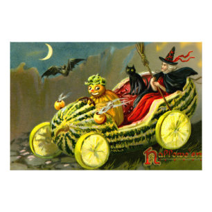 Vintage Halloween Black Cat and Witch Photo Print