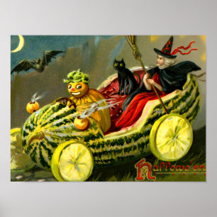 Vintage Halloween Black Cat and Witch Poster