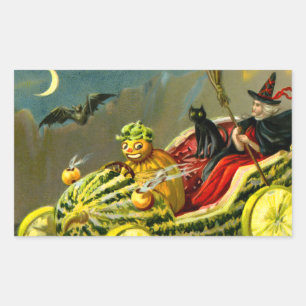 Vintage Halloween Black Cat and Witch Rectangular Sticker