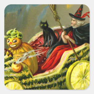 Vintage Halloween Black Cat and Witch Square Sticker