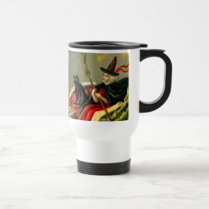 Vintage Halloween Black Cat and Witch Travel Mug