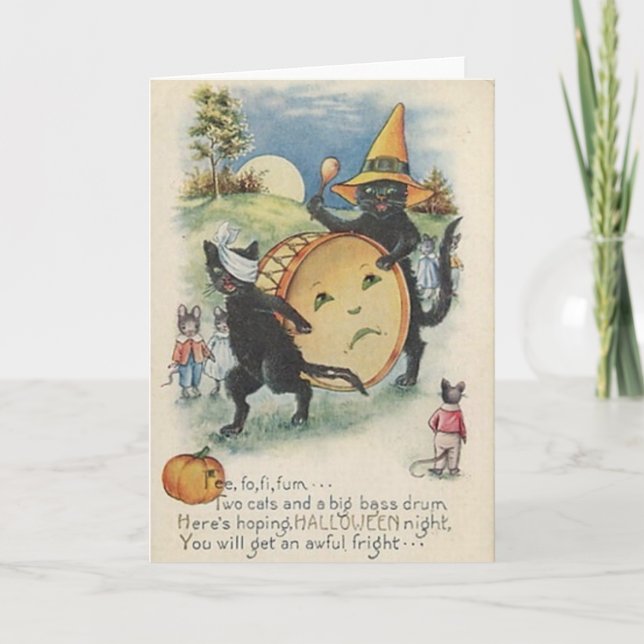 Vintage Halloween Black Cat Greeting Card (Front)