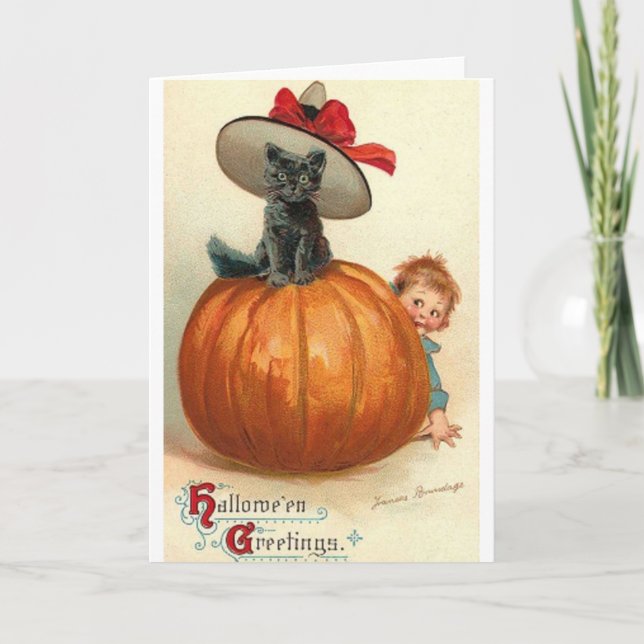 Vintage Halloween Black Cat Greeting Card (Front)
